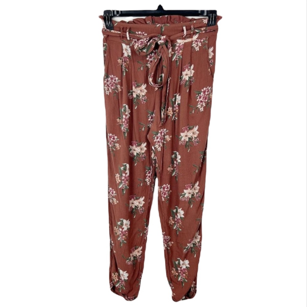 AMERICAN EAGLE Brown Floral Pencil High Rise Casual Paper Bag Waist Pants SMALL - Picture 1 of 10